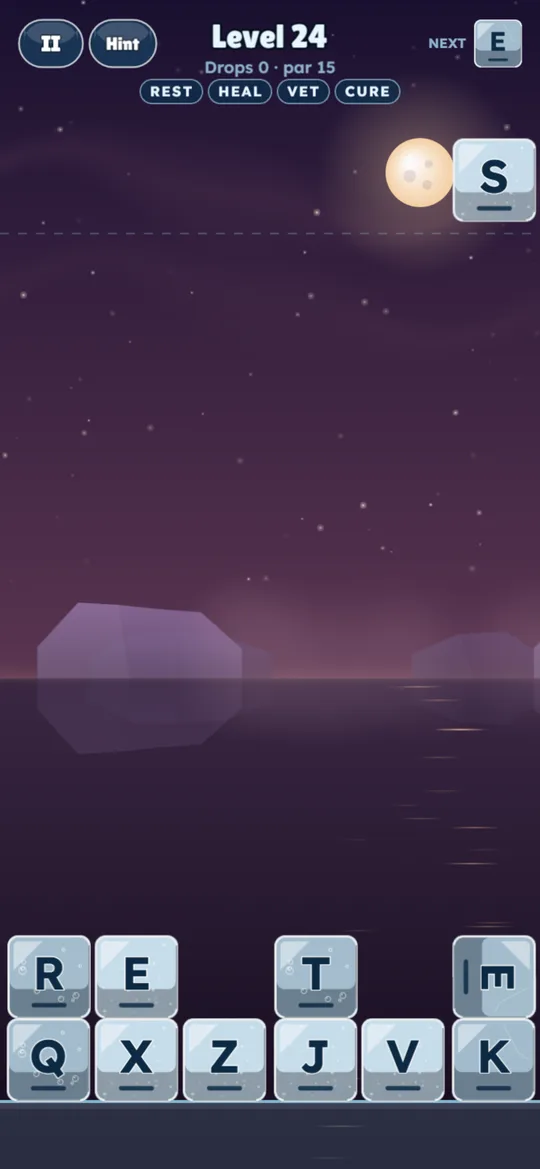 A campaign level: ice cubes with letters stacked on the sea ice